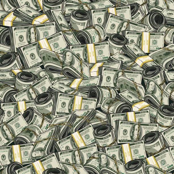 pieniężny wzór bez szwu z dolarami, rolkami, stosami. banknoty 100 dolarów amerykańskich. ogromna ilość pieniędzy. - money roll obrazy stock illustrations