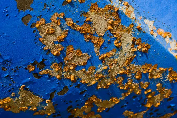 Photo of rust, oxidation, paint, flaking, whimsical, sky blue, yellow, brown, shipping, ship, exterior, pleasure boating, maintain, scrape off, derust, winter, abrade, chip off, fresh water, enemy, oxygen, corrosion, affect, iron oxide, connection, chemical, chemi