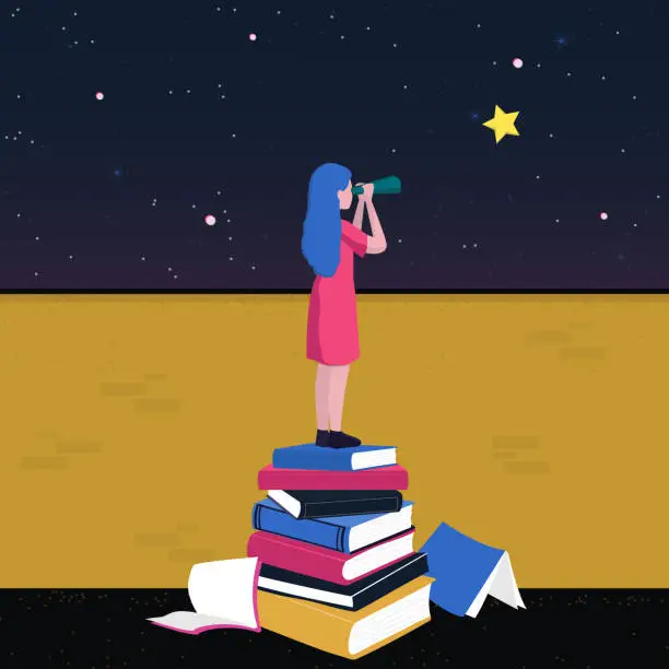 Vector illustration of young woman standing on stairs made of books looking at stars with telescope. concept of children education, learning, development and growth, reaching future goals. vector illustration.