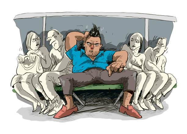 lumpen man sitting in subway with legs spread apart disturbs people sitting spread out legs apart stock illustrations