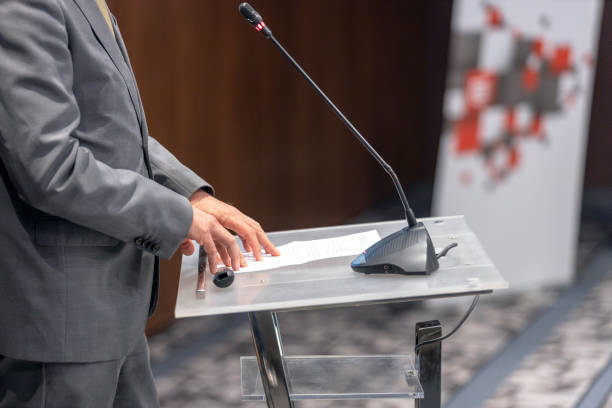 istock Speaker at business conference or presentation. Public speaking concept. 1445394855
