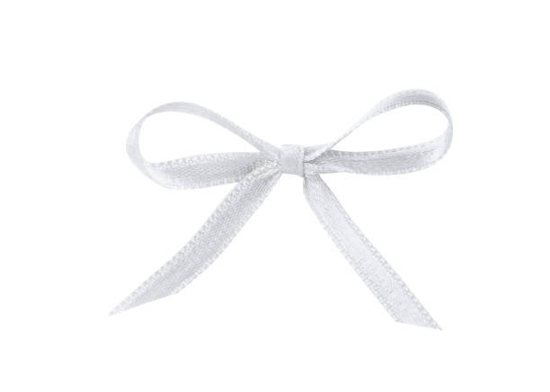 Beautiful silver ribbon tied in bow isolated on white, top view