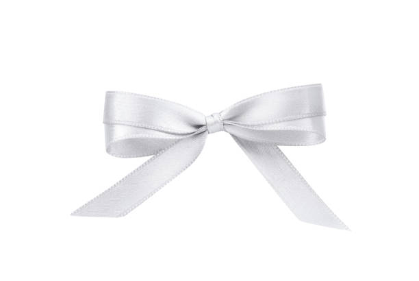 istock Beautiful silver ribbon tied in bow isolated on white, top view 1445394872