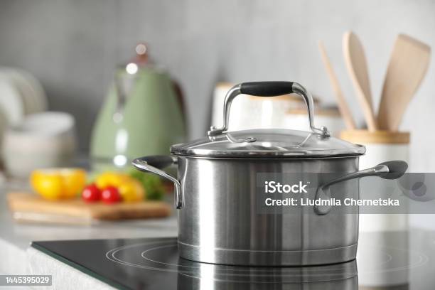 New Shiny Pot With Glass Lid In Kitchen Stock Photo - Download Image Now - Cooking Pan, Kitchen, Shiny