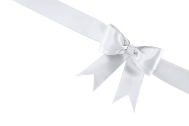 istock Silver satin ribbon with bow on white background, top view 1445395108