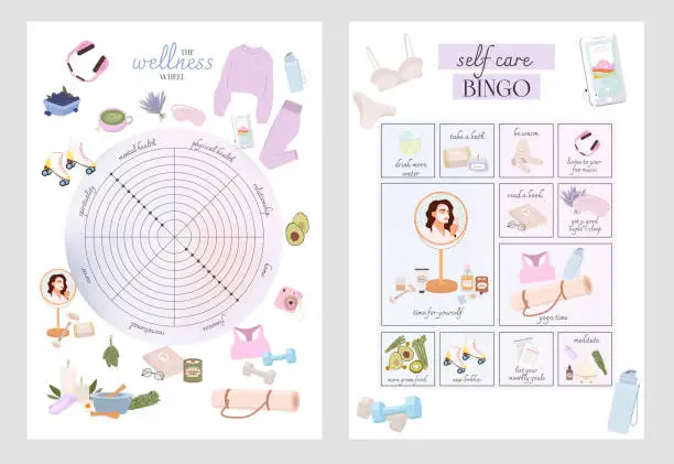 Vector illustration of Wheel of wellness and bingo inspiration posters