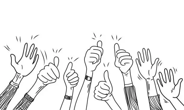 Vector illustration of hand drawn of hands up, clapping ovation, applause, thumbs up gesture on doodle style. vector illustration