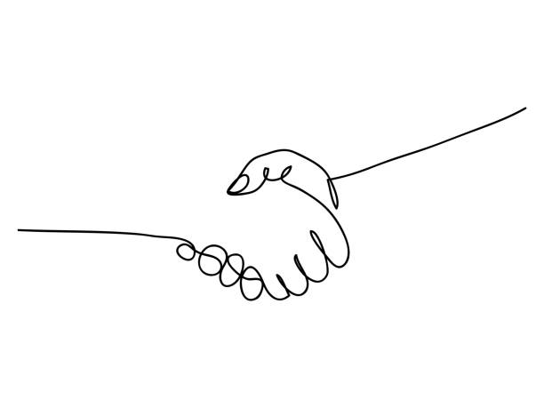 ręcznie rysowana ciągła jedna linia uścisku dłoni - human hand handshake teamwork business stock illustrations