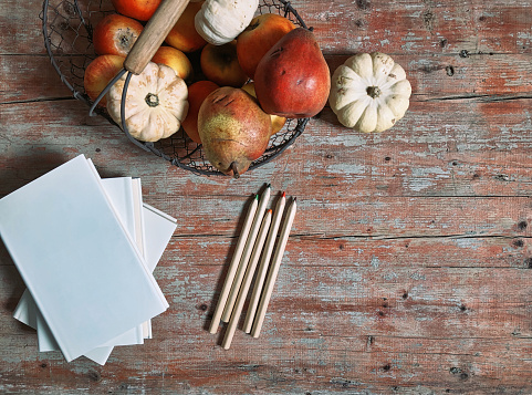 Directly above shot of white books and pencils decorated with autumn fruits in wire basket on weathered wooden table