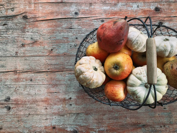 Directly above shot of autumn fruits in wire basket on weathered wooden table