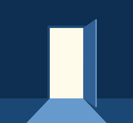 Light from an open door coming into a dark room. Concept of hope, light at the end of the tunnel and new opportunities. Flat vector illustration