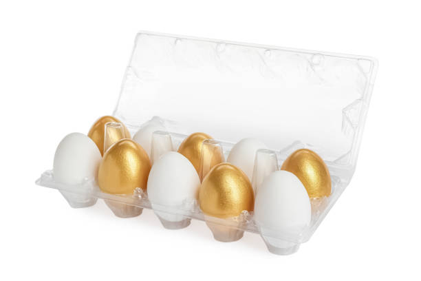 istock Plastic container with golden eggs and ordinary ones on white background 1445398120