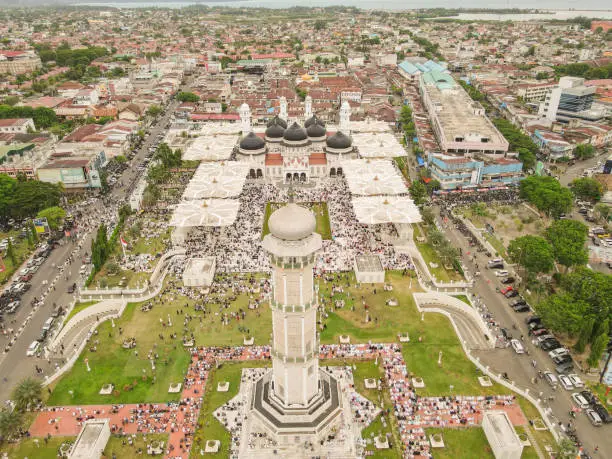 the beautiful view of the historic mosque in aceh from above