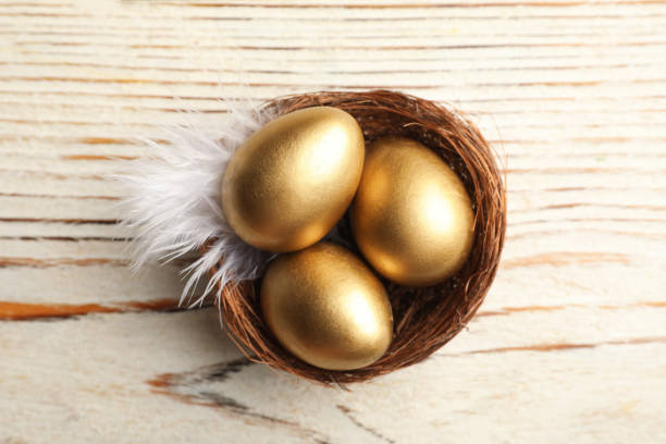 istock Nest with golden eggs on white wooden table, top view 1445398887