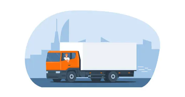 Vector illustration of Box truck with a driver rides on the background of an abstract cityscape.