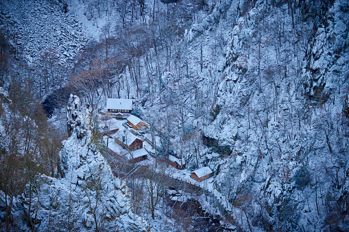 Houses in the gorge of the Bodetal. Saxony-Anhalt, Harz, Germany