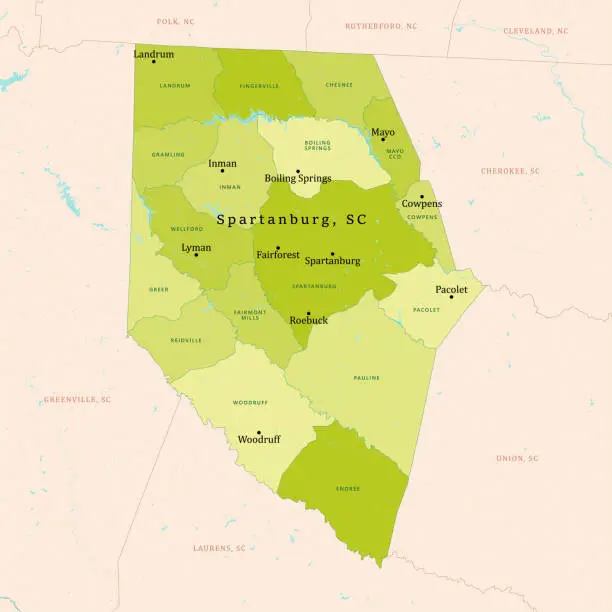 Vector illustration of SC Spartanburg County Vector Map Green