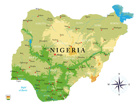 Highly detailed physical map of Nigeria in vector format,with all the relief forms,regions and big cities.