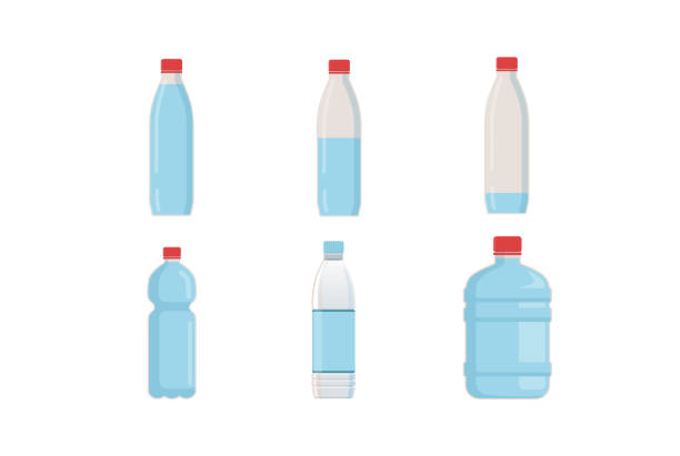 flaschen für wasser in verschiedenen formen vektorillustrationen set - destilliertes wasser stock-grafiken, -clipart, -cartoons und -symbole