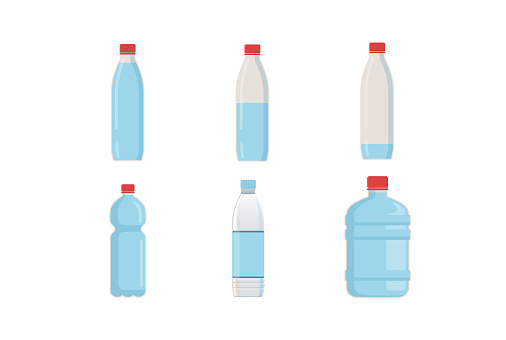 Bottles for water in different shapes vector illustrations set. Cartoon drawings of containers for liquid isolated on white background. Ecology, environment, recycling concept