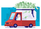 istock businessman driving and carrying sack money banknotes on van 1445404174