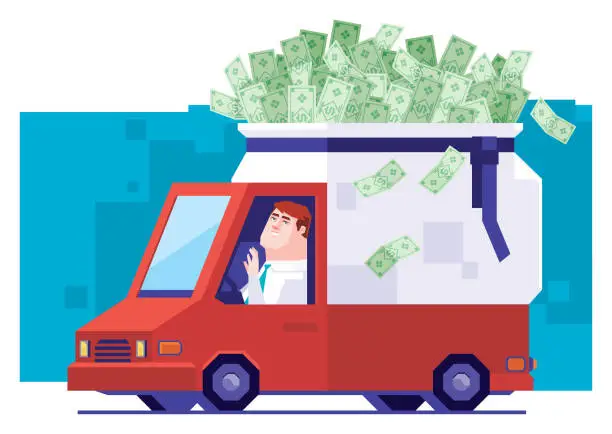 Vector illustration of businessman driving and carrying sack money banknotes on van