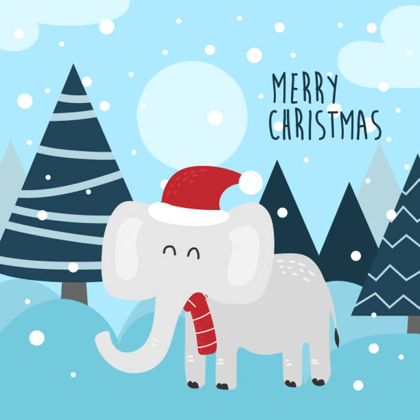 istock Funny cartoon elephant in Santa hat on his head, isolated on a white background 1445405121