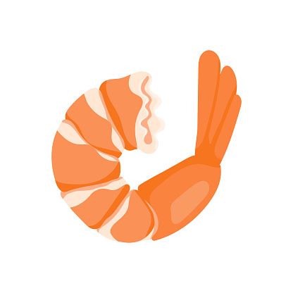 Peeled boiled shrimp with a tail, in cartoon style. Icon or badge with a dish for Asian cuisine and seafood