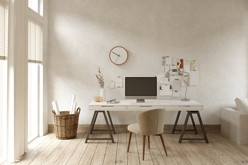 Desk and chair in the room. Home office concept. 3d render image.