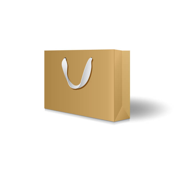 istock Blank brown kraft paper shopping bag or gift bag with ribbon handles mockup template. Isolated on white background with shadow. Ready to use for branding design. Realistic vector illustration. 1445408185