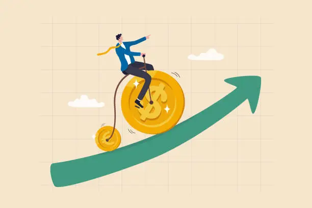 Vector illustration of Financial or economy concept, currency exchange or mutual fund with US and EU economics, investing growth or foreign exchange, businessman riding bicycle with dollar and euro wheels up rising graph.