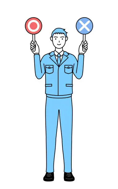 Vector illustration of Simple line drawing of a Man in work clothes holding a stick indicating correct and incorrect answers.