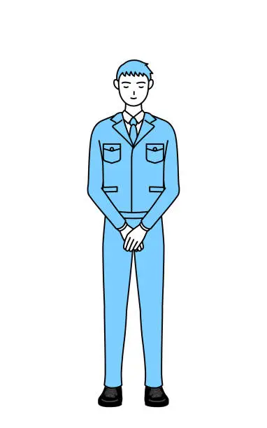Vector illustration of Simple line drawing of a Man in work clothes with his hands folded in front of his body.