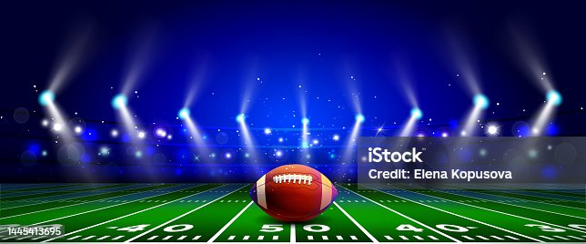 istock Sport and victory concept in realistic style. Soccer ball for playing American football on the background of the stadium. 1445413695