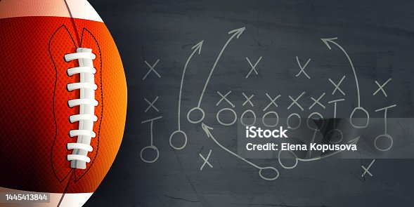istock Sport and victory concept in realistic style. Soccer ball for playing American football against the background of tactics and strategy of the game. 1445413844
