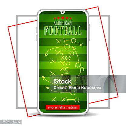 istock Sport and victory concept in realistic style. A mobile phone with an application for playing American football against the background of tactics and strategy of the game. 1445413949