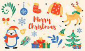 istock Set of cute Christmas illustrations. Beautiful background picture for design, stickers, packaging. illustration. 1445414250