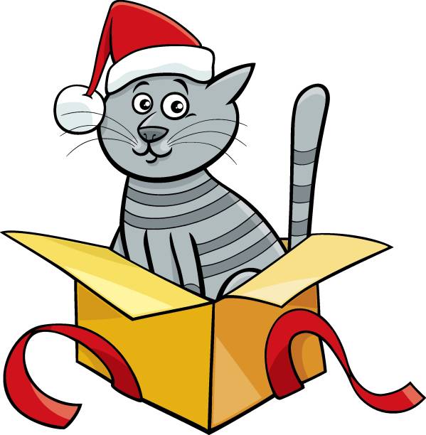 ilustrações, clipart, desenhos animados e ícones de gato dos desenhos animados ou gatinho na caixa do presente de natal - comic book animal pets kitten