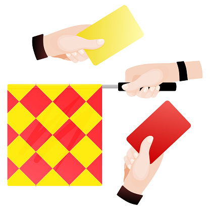 Offside trap of soccer. Referee, linesman's flag and cards set. Referee flag. Vector illustration.