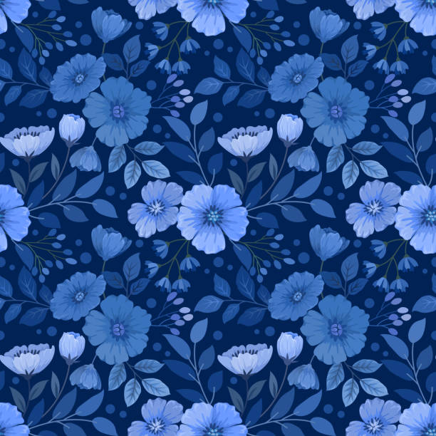 blaues monochromes blumendesign nahtloses muster. - floral pattern decor art backgrounds stock-grafiken, -clipart, -cartoons und -symbole