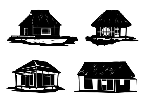 Set of silhouette design. Traditional Japanese house. Rural dwelling with thatched roof. illustration vector