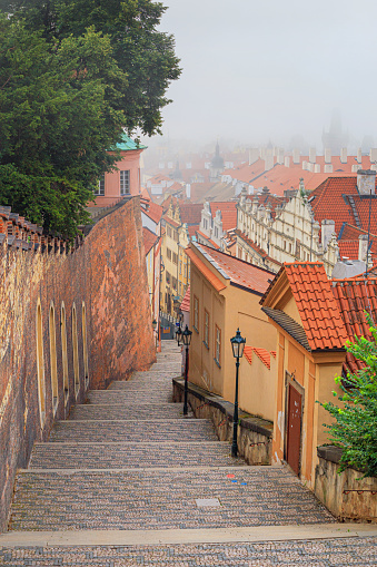 Cityscape - view of the stairway leading to the Prague Castle in the Castle District of Prague, Czech Republic
