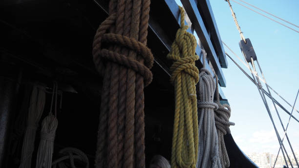 istock Mooring ropes on board a wooden ship 1445422522
