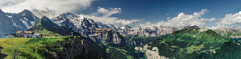 Fascinating view of the Jungfrau mountain range (Bernese mountain range) and the Lauterbrunnen Valley as seen from the Männlichen mountain peak