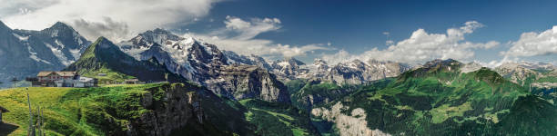 fascynujący widok na pasmo górskie jungfrau (alpy berneńskie) i dolinę lauterbrunnen widziany ze szczytu männlichen - snow valley mountain mountain peak zdjęcia i obrazy z banku zdjęć