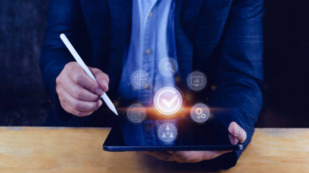 istock Quality management with Quality assurance or QA and Quality control or QC and improvement. Standardization and certification concept. compliance to regulations and standards. concept with manager. 1445424697