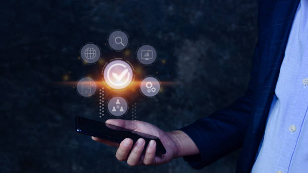 istock Quality management with Quality assurance or QA and Quality control or QC and improvement. Standardization and certification concept. compliance to regulations and standards. concept with manager. 1445424710