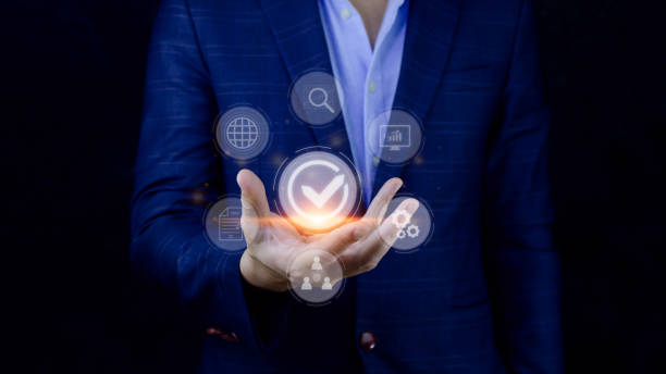 istock Quality management with Quality assurance or QA and Quality control or QC and improvement. Standardization and certification concept. compliance to regulations and standards. concept with manager. 1445424738