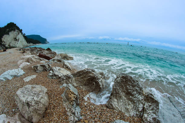 Fisheye photo of the Numana Beach (Marches, Italy) inside the Conero Park. Fisheye photo.