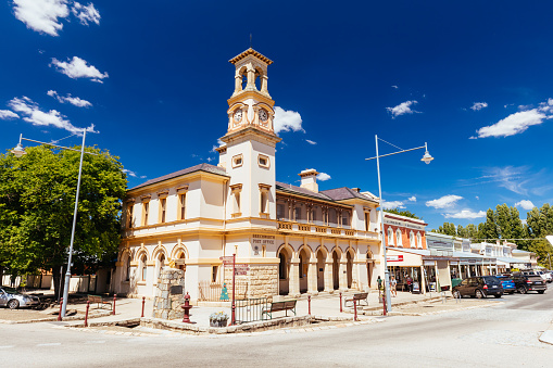 Beechworth, Australia - December 30th, 2021: Historic Beechworth town centre on a warm summer day in Victoria, Australia